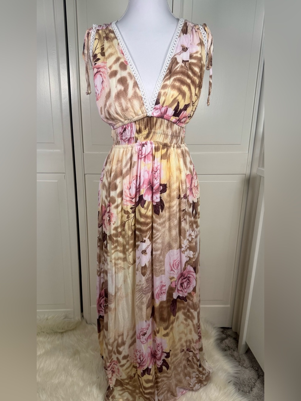 NWT Fadedrose Pink and Beige Floral Tie-Shoulder Maxi Dress with Animal Print